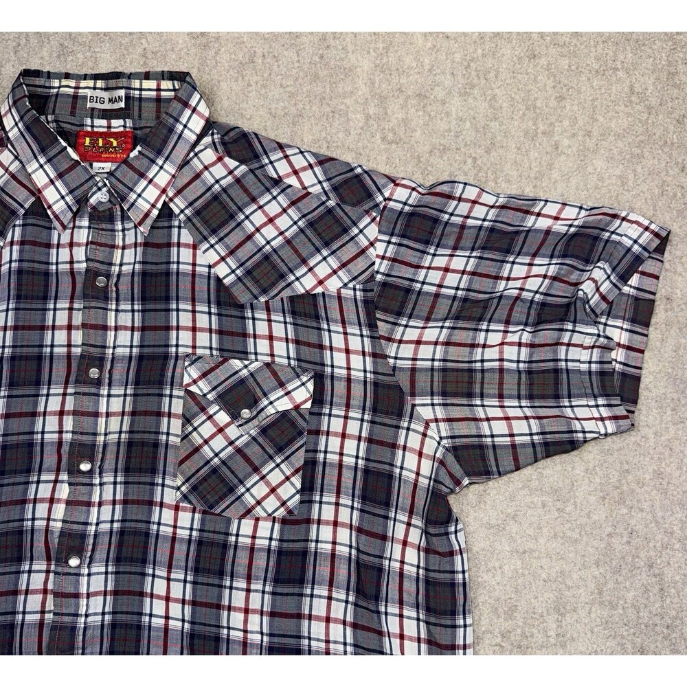 Vintage Ely Plains Men’s XXL 2XL Plaid Short Sleeve Pearl Snap Pockets Holes